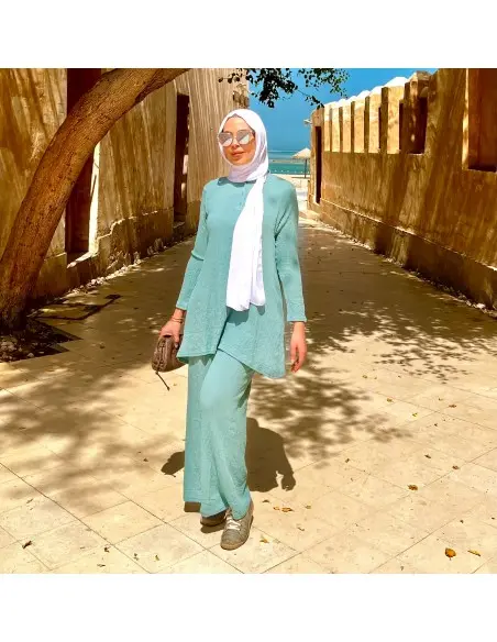 Women's summer set 2-piece long tunic & wide trousers - aqua