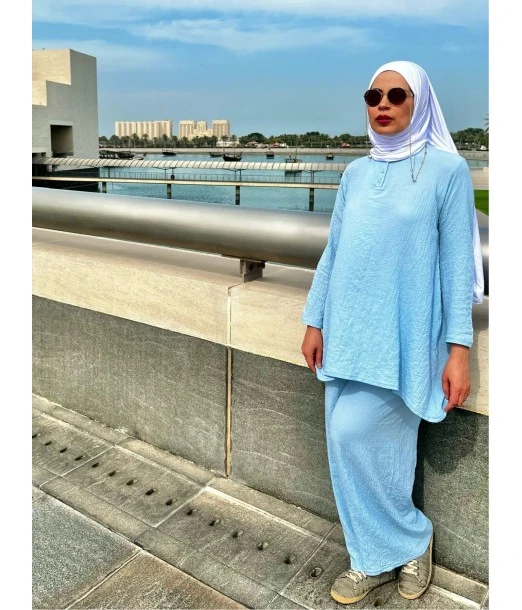 Women's summer 2-piece set — long tunic & wide-leg trousers - Blue