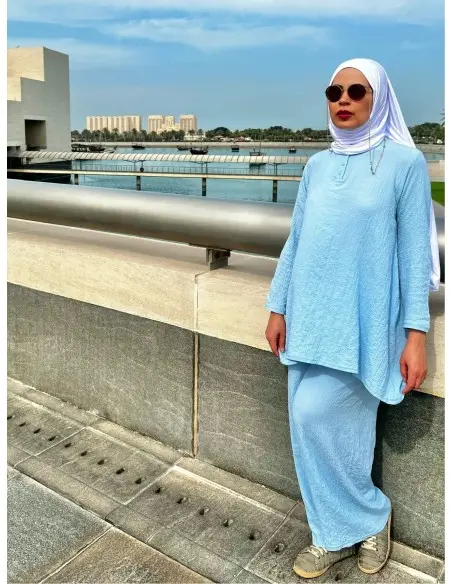 Women's summer 2-piece set — long tunic & wide-leg trousers - Blue