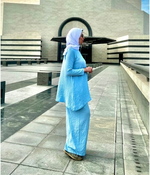 Women's summer 2-piece set — long tunic & wide-leg trousers - Blue 2
