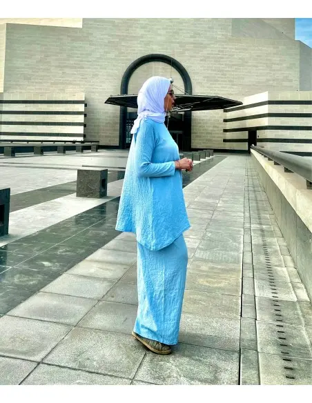 Women's summer 2-piece set — long tunic & wide-leg trousers - Blue — photo 2