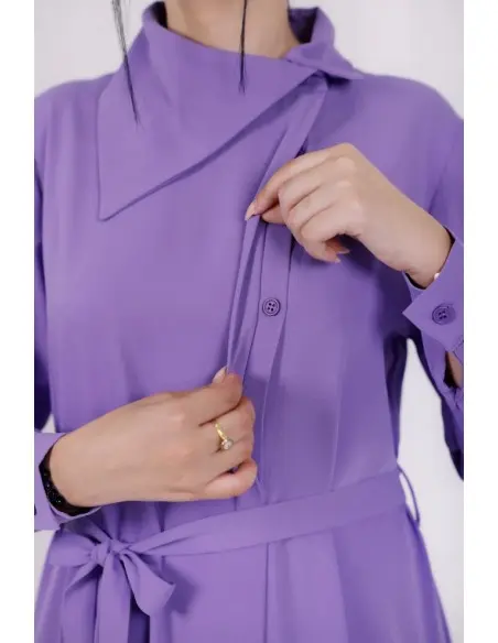 Aura dress, elegant long premium crepe dress with asymmetric neckline - violet — photo 2