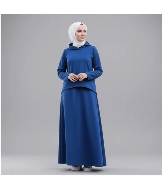 Women's hooded set, elegant modest 2-piece outfit - navy blue