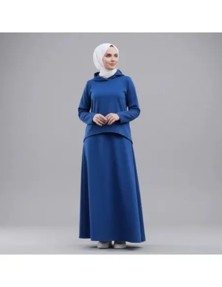 Women's hooded set, elegant modest 2-piece outfit - navy blue
