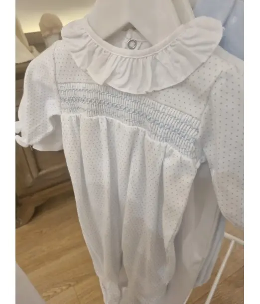 Grenouillère 100% Coton Taille naissance Blanc/Bleu - Petit pois au Maroc - Baby And Mom