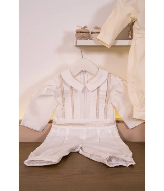 Boy's christening romper in piqué fabric with satin braid – Handmade 2