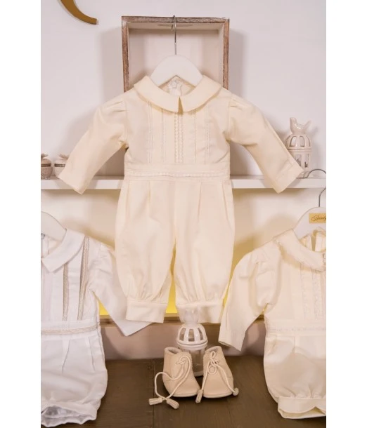 Boy's christening romper in piqué fabric with satin braid – Handmade