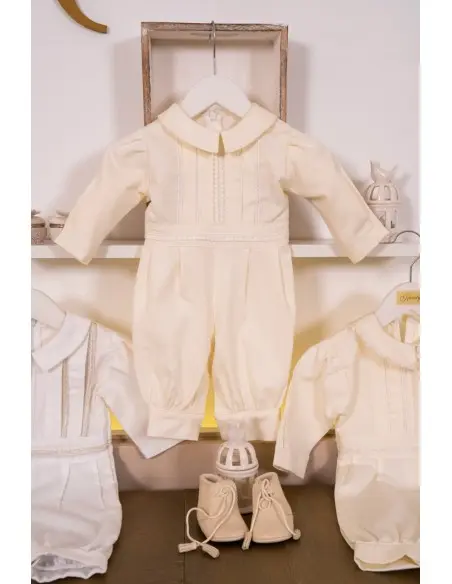 Boy's christening romper in piqué fabric with satin braid – Handmade