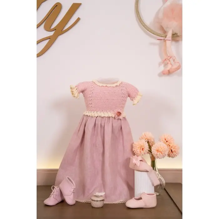 Robe de baptême bébé en maille et tissu piqué avec bloomer