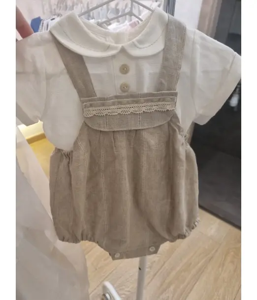 Barboteuse bébé en lin ajouré avec galon fait main et chemise - 3 à 6 mois 2