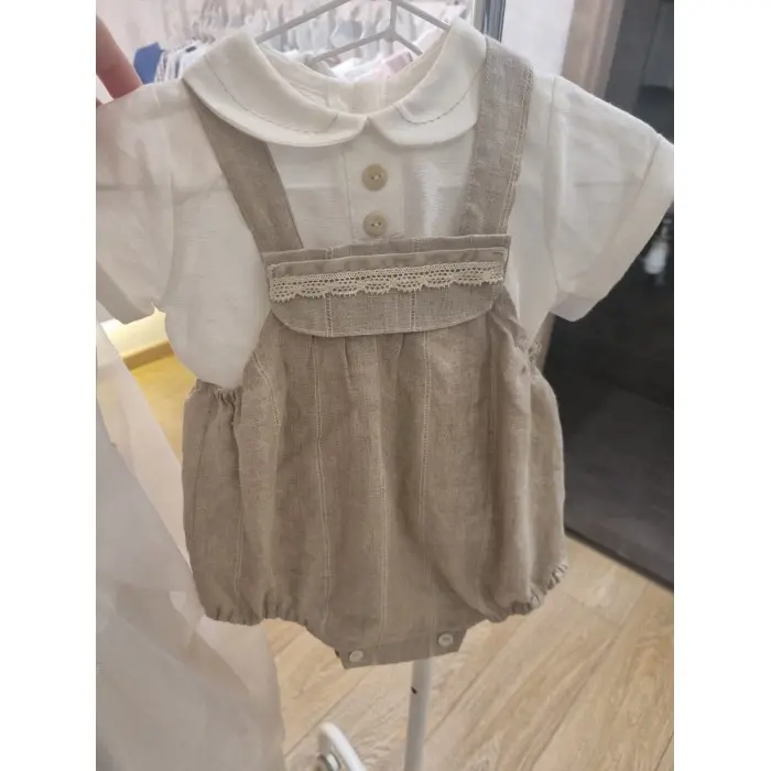 Barboteuse bébé en lin ajouré avec galon fait main et chemise -