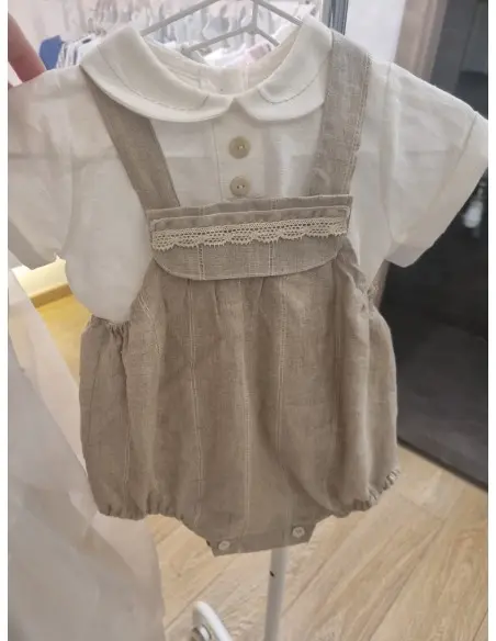 Barboteuse bébé en lin ajouré avec galon fait main et chemise -