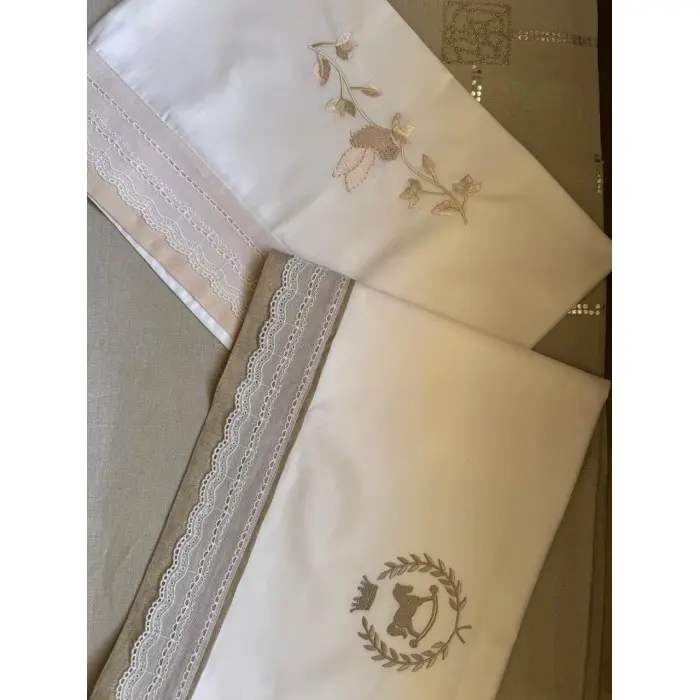 Drap de Berceau en Coton Satiné Brodé avec Bordure en Lin et