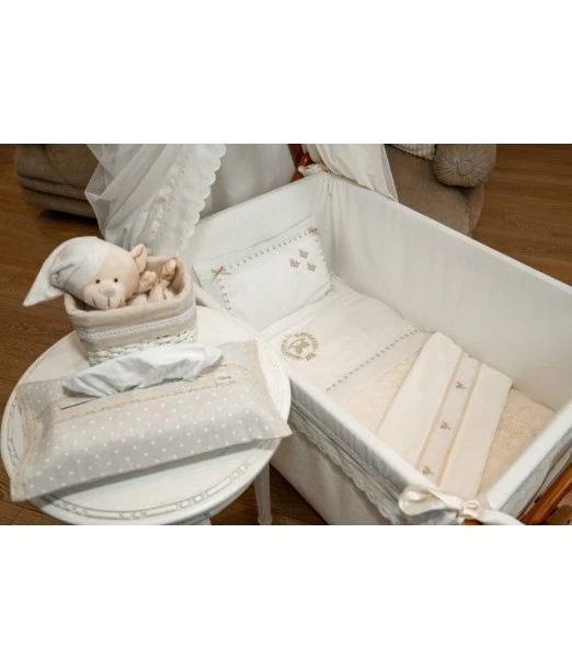 Embroidered satin cotton cradle sheet with linen border and trim
