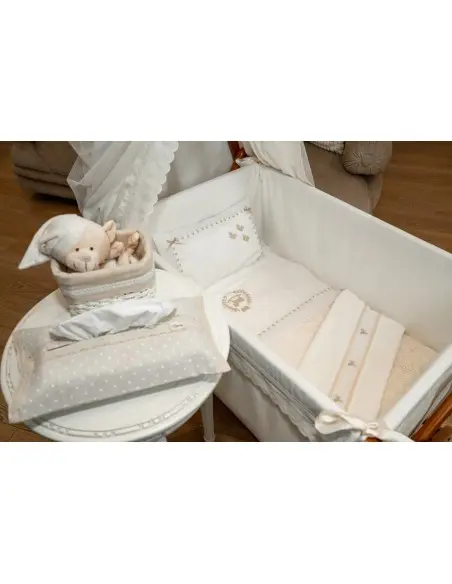 Embroidered satin cotton cradle sheet with linen border and trim