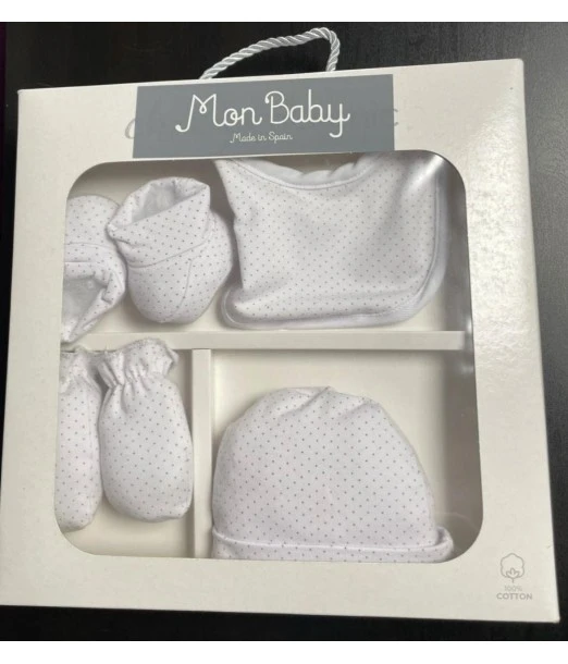 My Baby Set 4-piece bib + mittens + socks + hat - White
