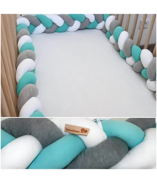 Tour de lit tressé 4 mètres vert eau/gris/blanc