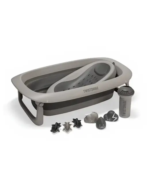Baignoire Twistshake Pliable + Transat de Bain + Rince cheveux + 6 Jouets Gris