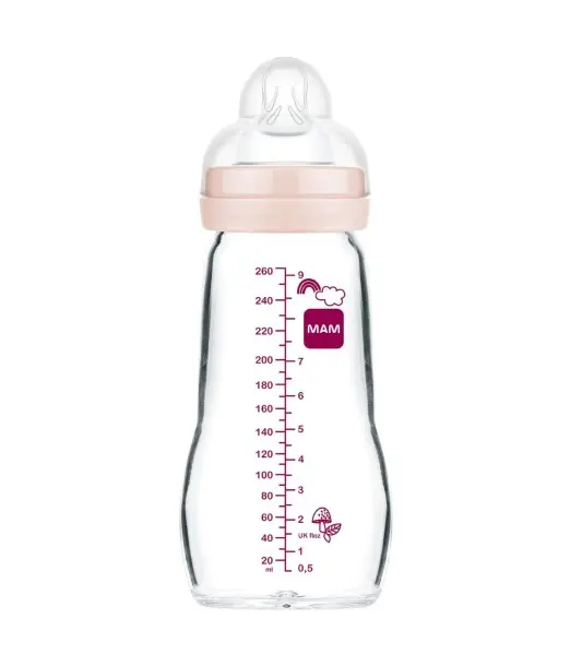Mam Biberon en verre Feel Good 260ml Rose 2mois+ Biberon & 2