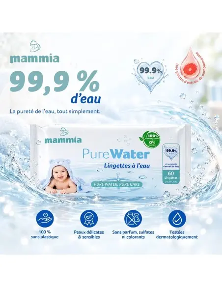 Mammia Lingettes Bébé PureWater 99,9 % Eau x60 dans Lingettes chez Baby And Mom Maroc