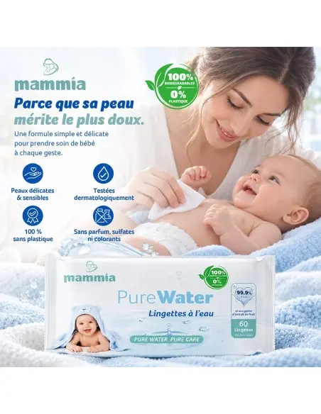 Mammia Lingettes Bébé PureWater 99,9 % Eau x60 dans Lingettes chez Baby And Mom Maroc