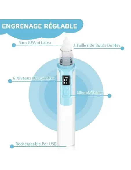Electric baby nasal aspirator, 6 speeds, rechargeable, adjustable silicone — blue — photo 3