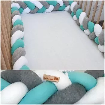 Tour de lit tressé 3 mètres vert eau/gris/blanc