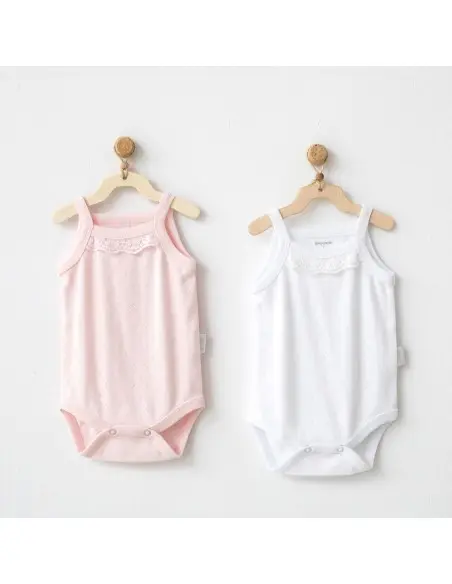 Pack of 2 sleeveless bodysuits 100% cotton, Coral/White