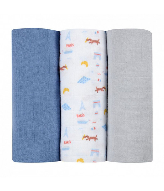 Lot de 3 langes en coton Paris bleu Beaba