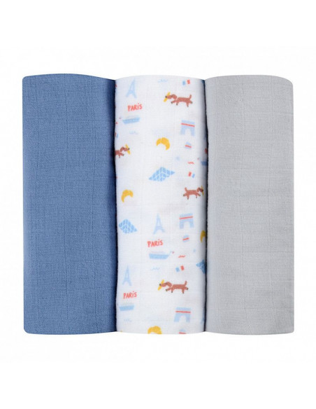 Lot de 3 langes en coton Paris bleu Beaba