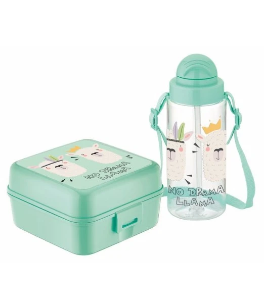 Set Lunch box + Plastic straw bottle Llama