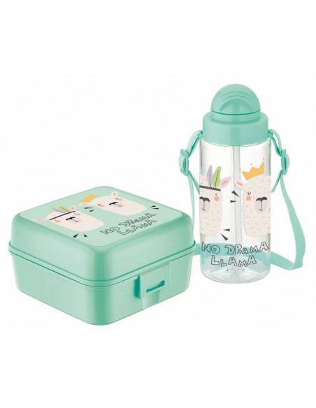 Pack Boite à goûter + Gourde à paille en plastique Lama