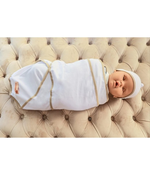 Couverture d'emmaillotage + Bonnet Blanc/Beige NV 2