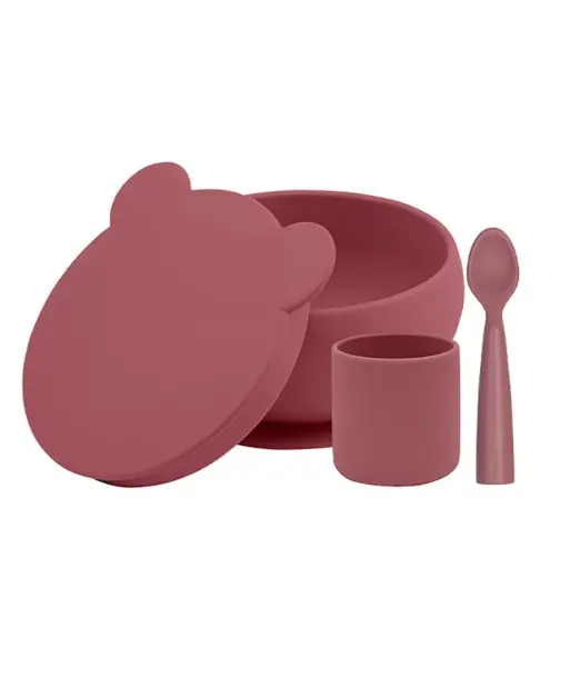 Minikoioi Set En Silicone: Bol Gobelet Cuillere – Rouge Velvet.