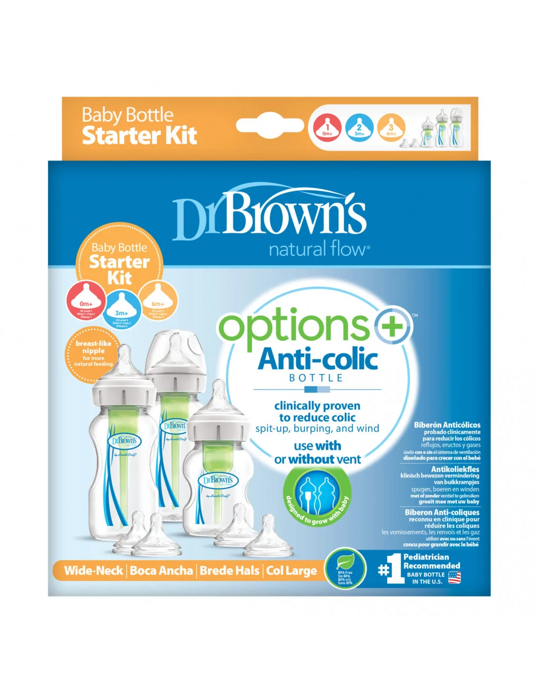 Dr Brown's - Options+ Anti-colic Bottle  Kit de démarrage biberon à col  large au Maroc - Baby And Mom