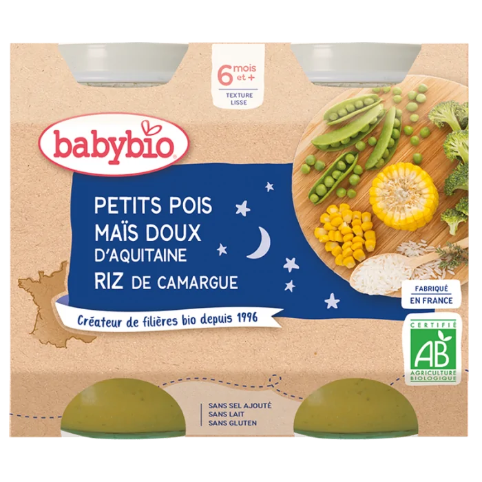 Babybio Petits Pois Maïs Doux d'Aquitaine Riz 2x200g 6m+