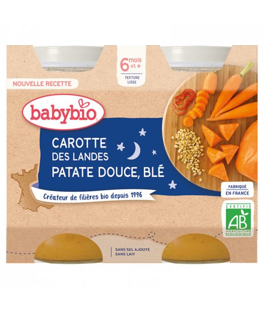 Babybio Carotte Patate Douce Blé 2x200g 6m+ Céréales & Compotes