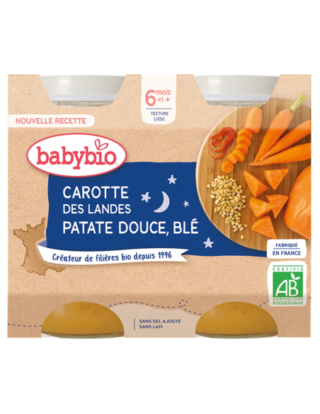 Babybio Carotte Patate Douce Blé 2x200g 6m+ Céréales & Compotes