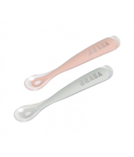 2 Cuillères Béaba en Silicone + Boîte de Transport Gris/Rose