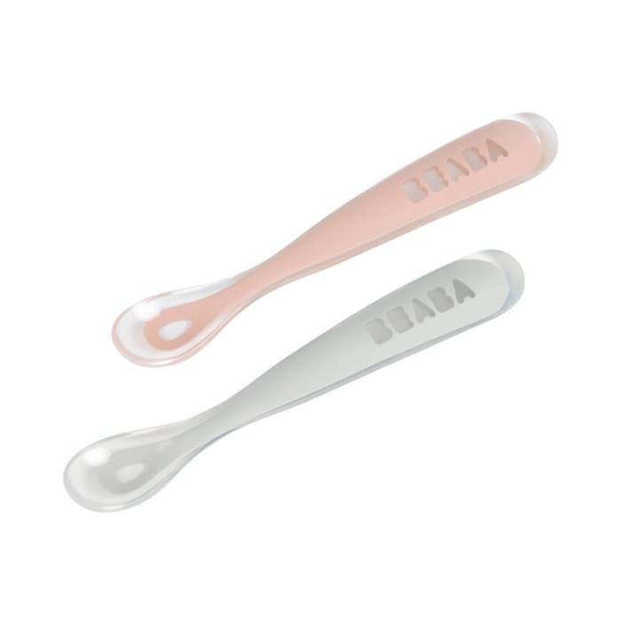2 Cuillères Béaba en Silicone + Boîte de Transport Gris/Rose