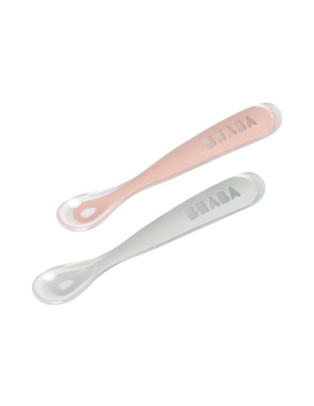 2 Cuillères Béaba en Silicone + Boîte de Transport Gris/Rose