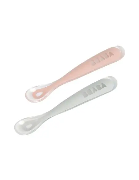 2 Cuillères Béaba en Silicone + Boîte de Transport Gris/Rose