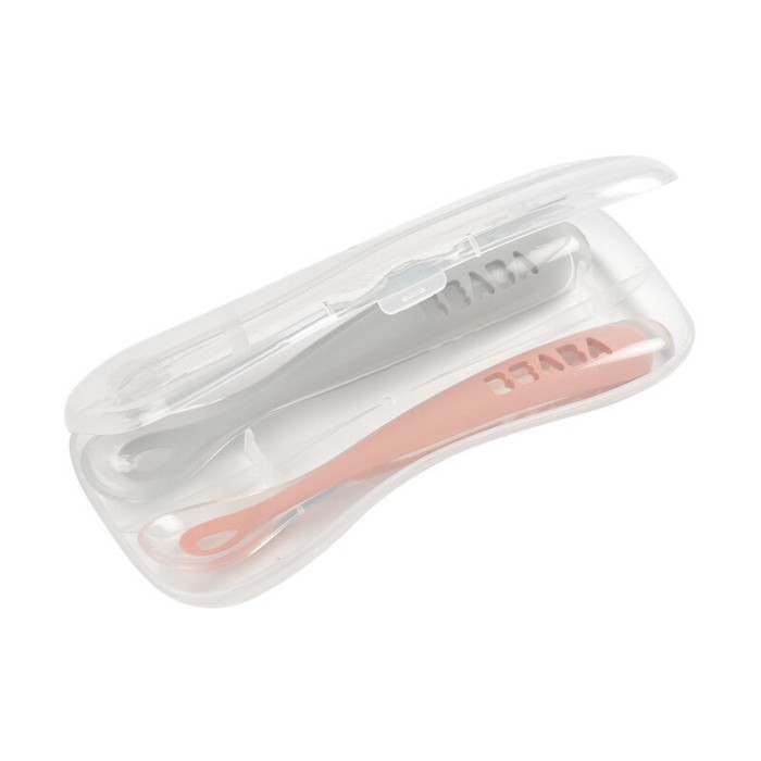 2 Cuillères Béaba en Silicone + Boîte de Transport Gris/Rose