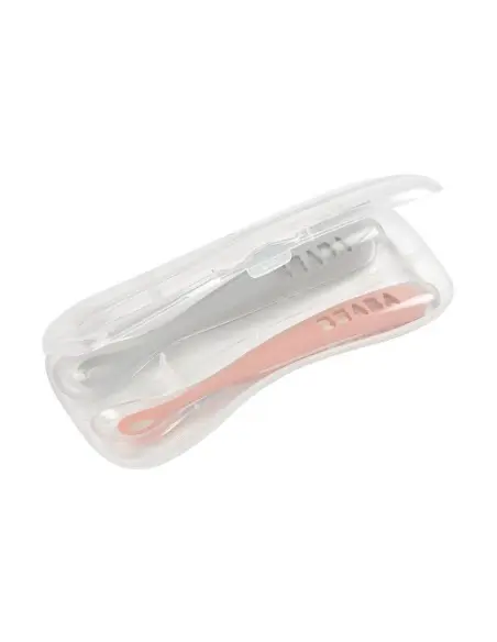 2 Cuillères Béaba en Silicone + Boîte de Transport Gris/Rose