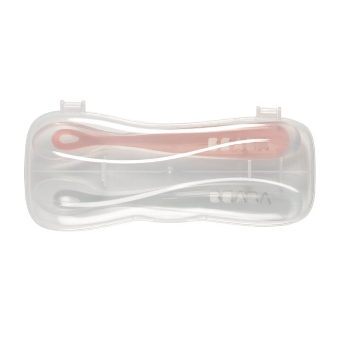 2 Cuillères Béaba en Silicone + Boîte de Transport Gris/Rose