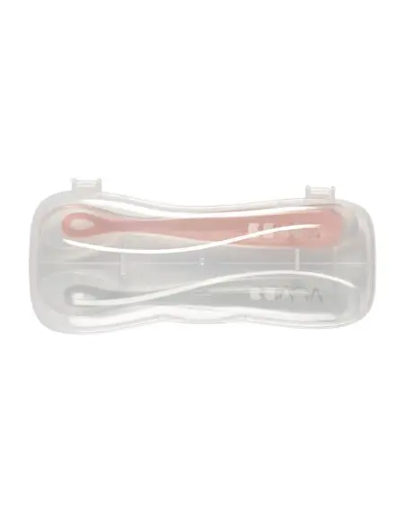 2 Cuillères Béaba en Silicone + Boîte de Transport Gris/Rose