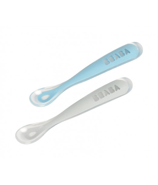 2 Cuillères Béaba en Silicone + Boîte de Transport Gris/Bleu