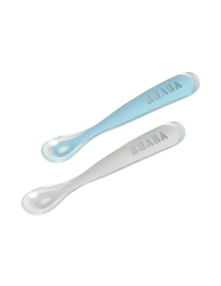 2 Cuillères Béaba en Silicone + Boîte de Transport Gris/Bleu