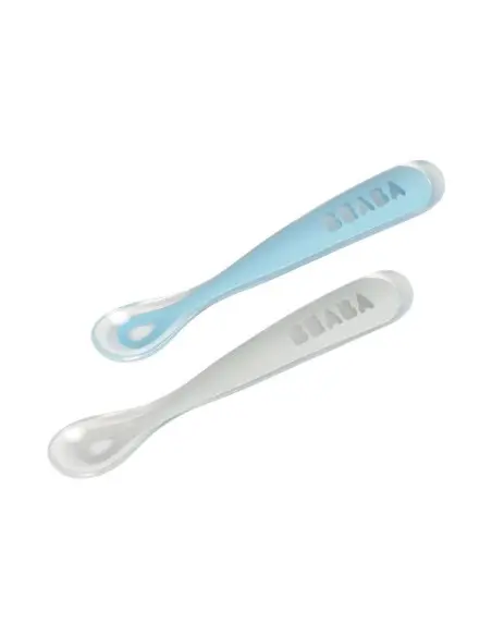 2 Cuillères Béaba en Silicone + Boîte de Transport Gris/Bleu