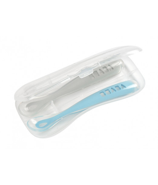 2 Cuillères Béaba en Silicone + Boîte de Transport Gris/Bleu 2